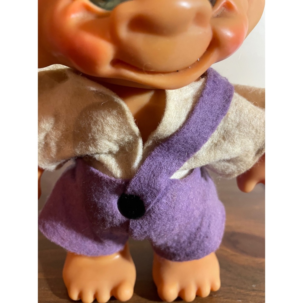 Vintage Troll Doll Yellow Hair Green Eyes Purple Overalls Collectible coin bank - Picture 4 of 10